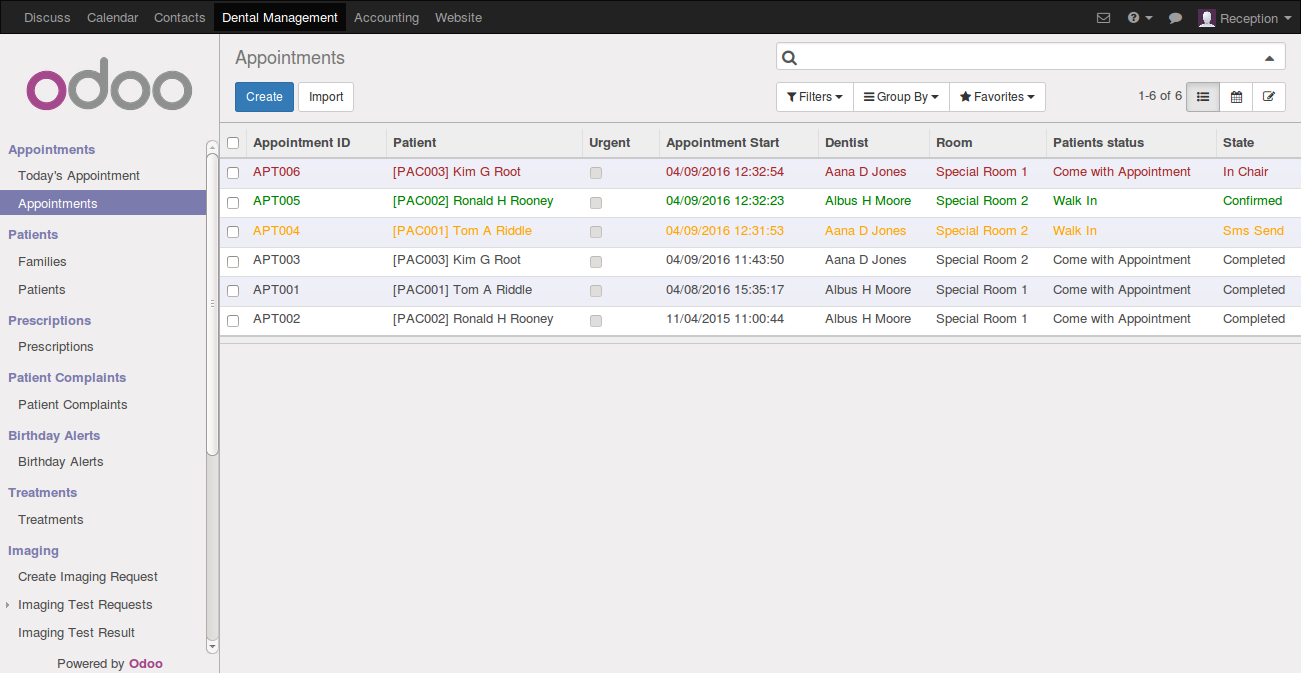 Screenshot of odoo dental clinic managment software