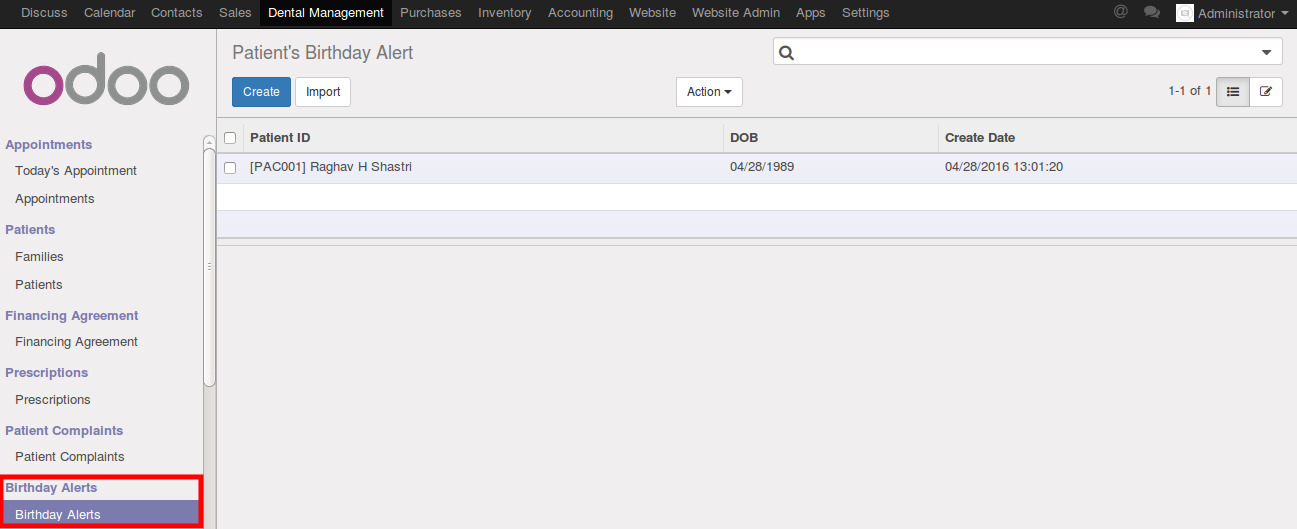 Screenshot of odoo dental clinic managment software