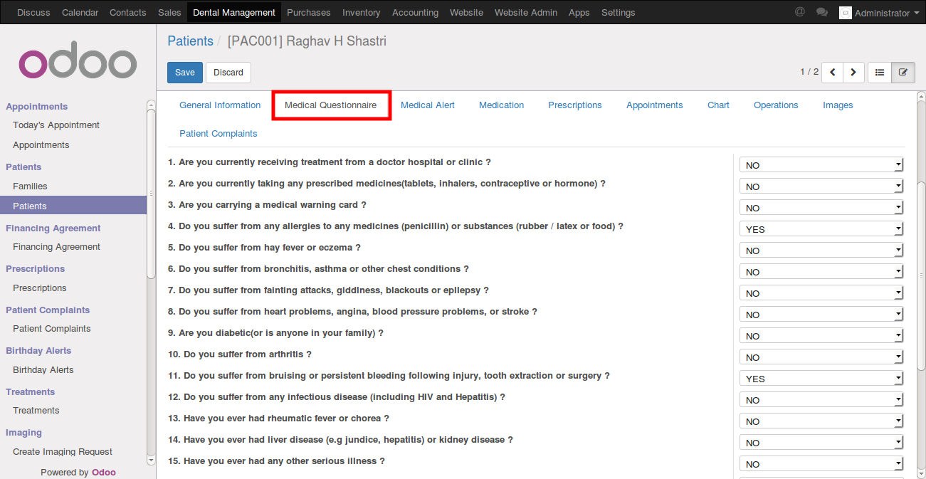 Screenshot of odoo dental clinic managment software