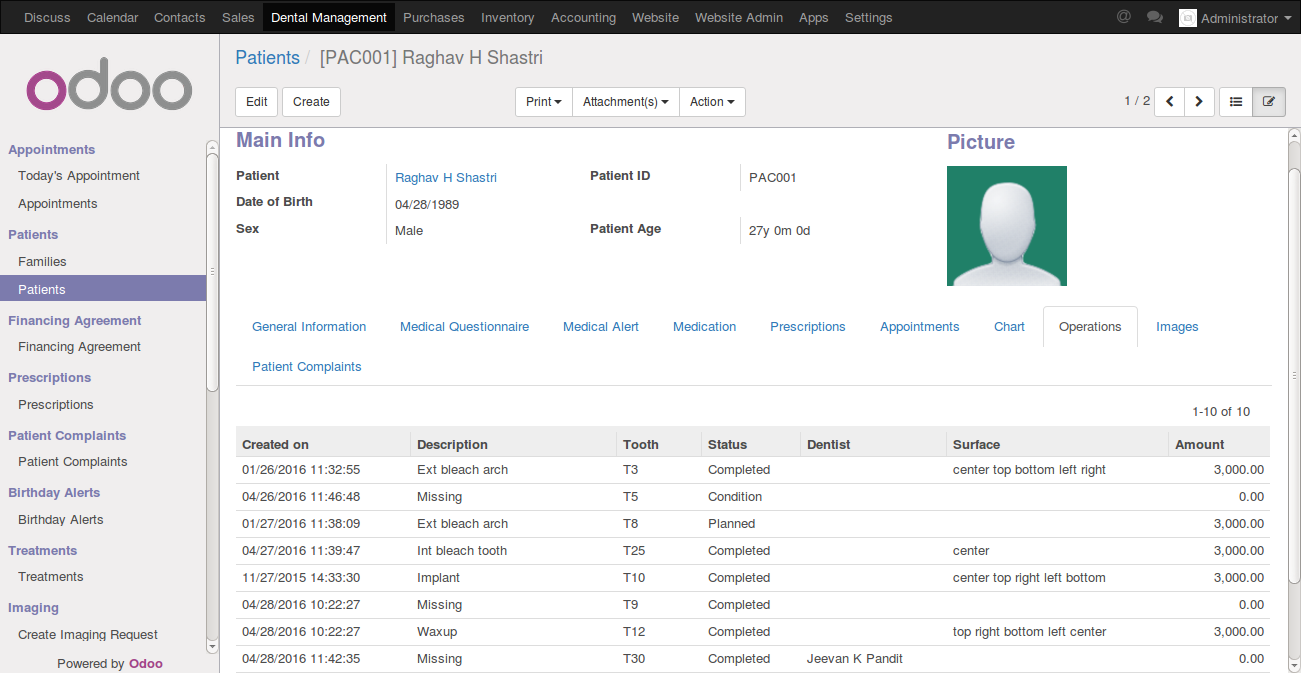 Screenshot of odoo dental clinic managment software