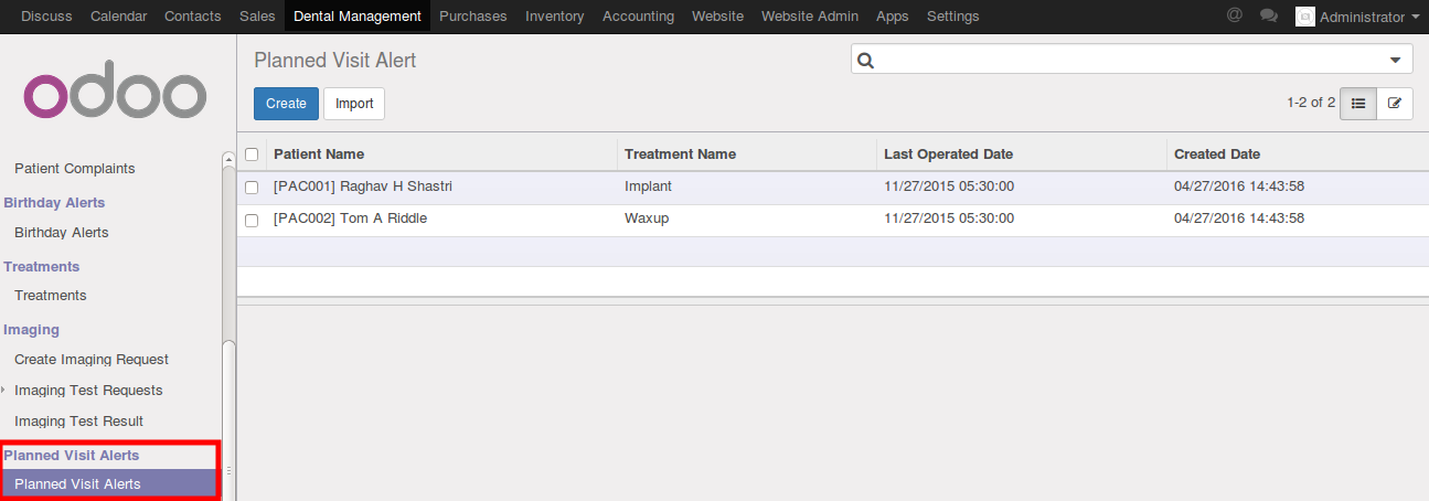 Screenshot of odoo dental clinic managment software