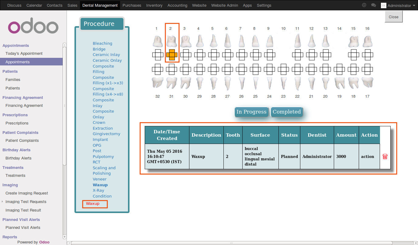 Screenshot of odoo dental clinic managment software