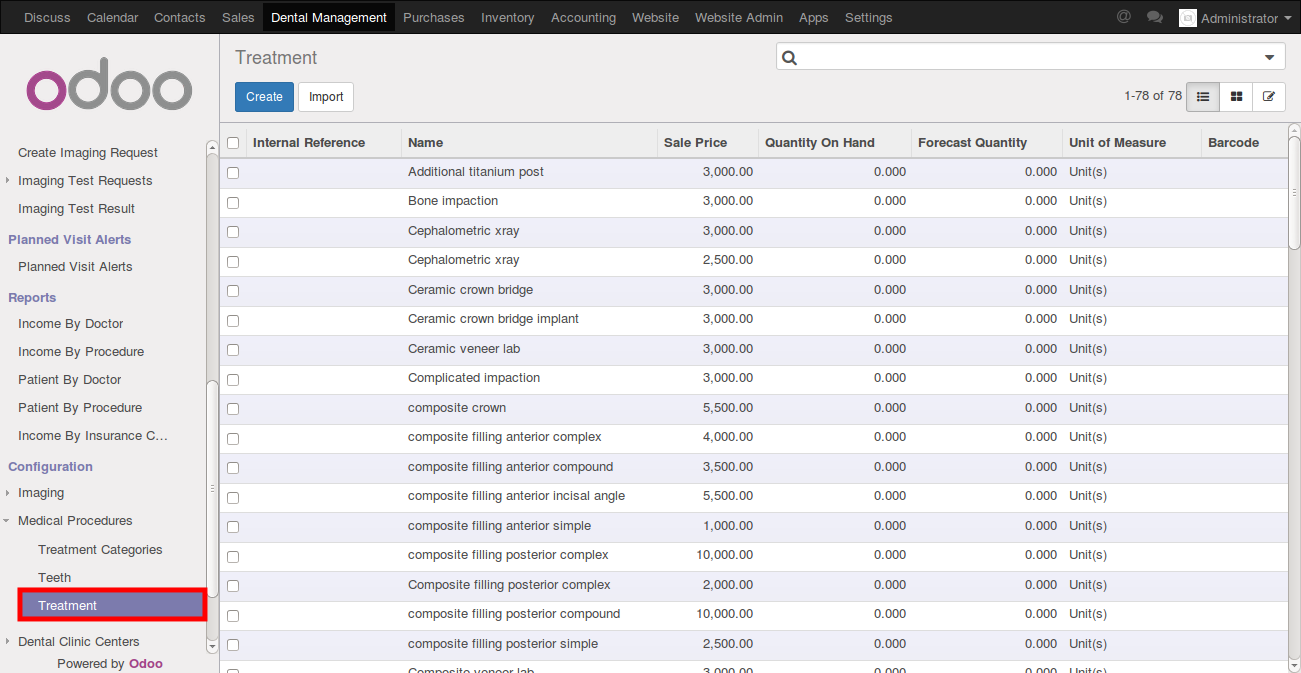 Screenshot of odoo dental clinic managment software