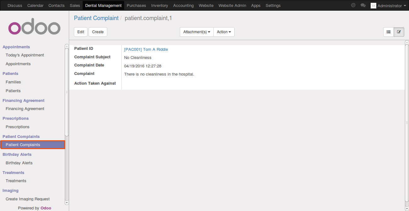 Screenshot of odoo dental clinic managment software