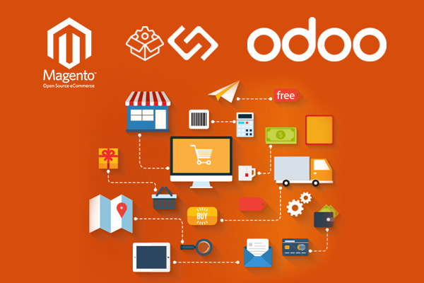 the magento logo with icons and icons surrounding it.