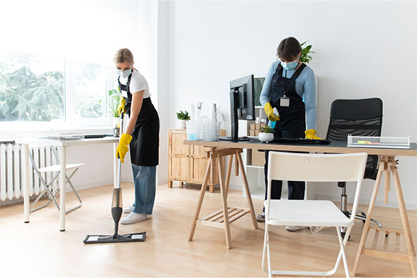 a woman with a mop is cleaning a room.